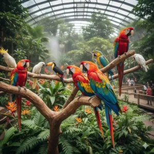 Colourful parrots perched on a branch within a lush, planted walk-in aviary environment.