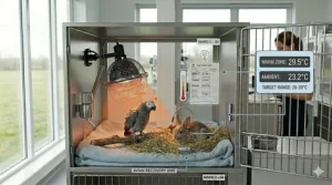 A row of stainless steel hospital cages in a UK veterinary ward, with one unit highlighted using a heat lamp for a patient.