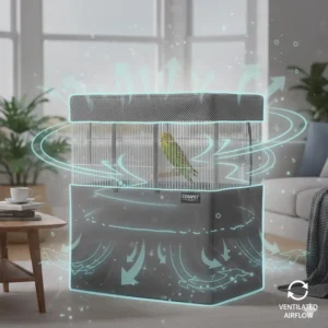 A graphic showing air circulating through the breathable fabric of a cage cover to prevent overheating.