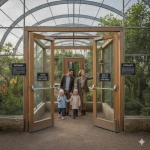 Double-door safety entrance system at a walk-in aviary to prevent birds from escaping.
