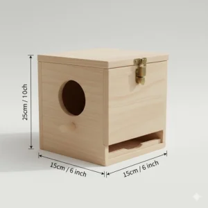 Technical illustration showing the height, width, and depth measurements of a wooden budgie nest box in centimetres.