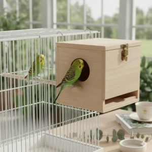 Front view of a wooden nest box showing the landing perch located just below the entrance hole.