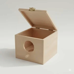 Illustration of a wooden nest box with a hinged side door for checking budgie chicks and eggs.