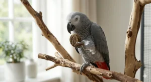 A bright African Grey parrot perched on a natural wood branch, holding a large compressed pellet in its claw.