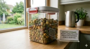 Pellets stored in a clear, airtight container to maintain freshness and prevent spoilage in a typical UK home environment.