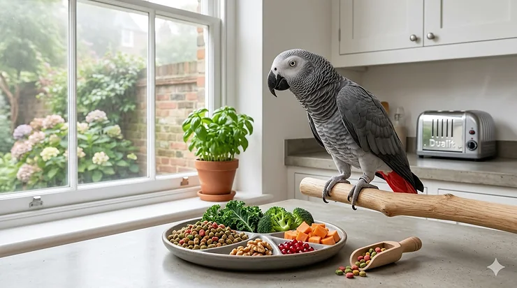 A healthy African grey parrot perched next to a bowl of colourful pellets, fresh vegetables, and walnuts in a bright British kitchen. African grey parrot food