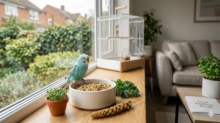 A variety of the best budgie food including high-quality birdseed mix and fresh leafy greens in a ceramic bowl on a wooden windowsill. best budgie food