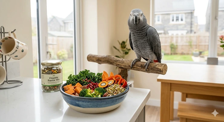 A healthy African Grey parrot perched in a modern British kitchen, observing a colourful bowl of fresh vegetables and organic seed mix on the counter. what to feed an African grey parrot