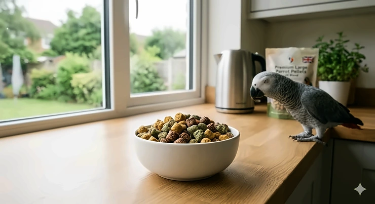 A high-quality bowl of multi-coloured premium pellets for large parrots, showing a balanced nutritional mix for African Greys and Macaws. large parrot pellets
