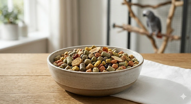 A close-up, high-quality photograph of a rustic ceramic bowl filled with diverse, multi-coloured parrot pellets in a modern British home setting. pellets for picky parrots