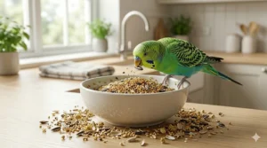 A budgie scattering seeds out of its bowl onto a wooden counter to find sunflower seeds, illustrating the problem of selective feeding.