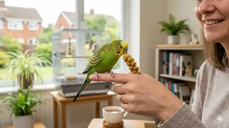 Alt text for image 1: A bright green budgie perched on a finger eating a spray of millet, showing effective use of budgie treats for training in a home setting. budgie treats for training