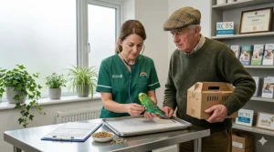 A compassionate avian vet in a UK clinic examining a budgie and discussing dietary health with an owner during a wellness consultation.