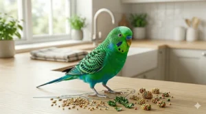 Close-up of a budgie with vibrant green and blue feathers and clear eyes, showing the visual benefits of a high-quality pellet diet.