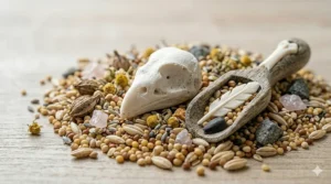 A calcium-rich peck stone for budgies placed alongside a wooden scoop of birdseed to support beak health and bone strength.