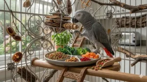 An African grey parrot investigating a selection of calcium-rich foods and mineral blocks for bone and feather health.