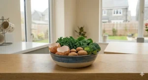 A close-up view of the blue and cream ceramic bowl filled with natural calcium sources for an African Grey, including crushed eggshells, almonds in the shell, and kale.