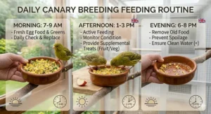 A photorealistic infographic illustration detailing the daily canary breeding feeding schedule, with three panels tracking morning, afternoon, and evening routines in a UK aviary.