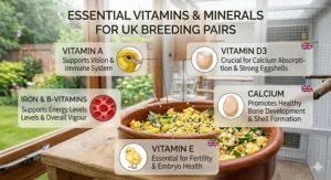 A photorealistic infographic illustration highlighting essential vitamins and minerals within a detailed bowl of canary egg food for optimal breeding condition.