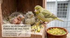 Illustration of canary chicks at various development stages thriving on a diet of soft egg food, from hatching to fledging.