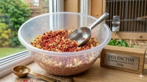 A large mixing bowl of dry egg food combined with red masking agent, a staple supplement for British bird fanciers.