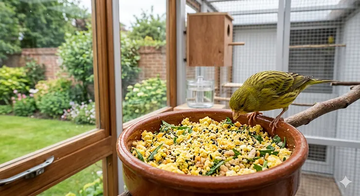 A photorealistic hero image of a yellow canary feeding from a bowl of specialised breeding egg food in a clean, modern UK aviary, with an English garden visible through the window. canary egg food for breeding