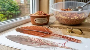A detailed anatomical illustration showing how colour food pigments enter the blood quill of a developing canary feather.