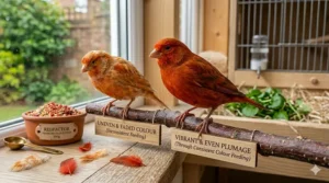 A side-by-side comparison of a canary with patchy plumage versus one with vibrant, even colouration from consistent feeding.