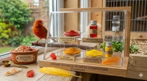 A display of various canary plumage pigments including Canthaxanthin and Lutein used for colour enhancement.