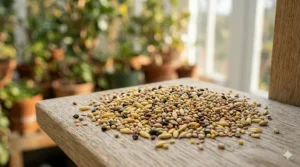 A detailed 4K shot of a canary seed mix on a wooden surface, showing high-quality ingredients including linseed, groats, and rapeseed.