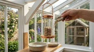 A high-detail shot of a bird feeder being filled with a seed blend, accompanied by a side dish of fine oyster shell grit to aid avian digestion.