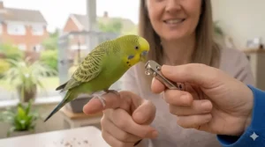Alt text for image 7: A person using a pet clicker and a small treat to reinforce positive budgie training habits.