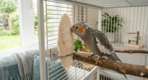 A cockatiel using a cuttlefish bone attached to a cage to maintain beak health and calcium levels.