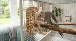 A cockatiel engaging in natural foraging behaviour by searching for food inside a cardboard shredding toy.