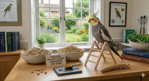 A cockatiel being offered a small amount of bird seed as a training reward to reinforce the role of seeds as treats.