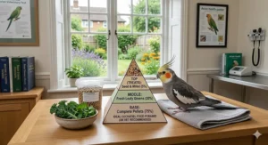 A cockatiel exhibiting selective feeding behaviour by picking out fatty sunflower seeds and ignoring healthy grains in a bowl.