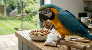A person gently hand-taming a cockatiel by offering a sprig of millet in a brightly lit, domestic UK living room setting.
