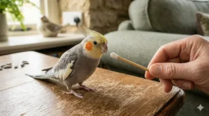 A cockatiel interacting with a wooden target training stick held by a hand to encourage focus and trust.