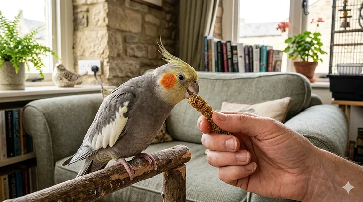 friendly grey and yellow cockatiel taking a spray of millet from a person's hand in a sunlit British living room. cockatiel treats for hand taming
