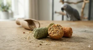 Close-up macro photograph of cold-pressed parrot pellets showing a crumbly, natural texture that mimics wild foraging finds.