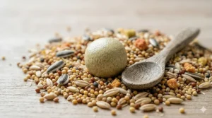 Complete nutritional pellets for budgerigars providing a balanced diet alternative to traditional seeds for pet birds.