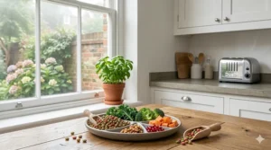 A variety of high-quality organic parrot pellets providing balanced nutrition for African greys, served on a stone platter.