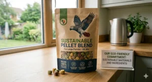 Recyclable packaging for large parrot pellets, reflecting sustainable pet care trends popular with UK bird keepers.