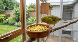 A close-up illustration of a female canary hen actively eating soft egg food to maintain condition during the nesting period, set within a well-lit UK aviary.