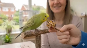 Alt text for image 9: A colourful wooden foraging toy filled with hidden treats to encourage a budgie’s natural instincts.
