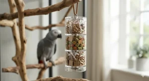 A clear cylindrical foraging toy stuffed with multi-coloured pellets and shredded kraft paper to encourage a picky bird to work for its food.