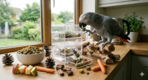 A large parrot engaging with a wooden foraging toy stuffed with nutritious pellets to encourage natural British bird behaviour.