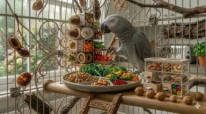 A comprehensive display of African grey parrot food including fresh water, pellets, and a nut-filled foraging drawer.