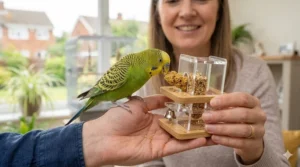 Alt text for image 3: Small pieces of chopped broccoli and apple served as healthy, natural budgie treats.