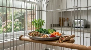 Chopped raw kale, broccoli florets, and sweet potato slices prepared as fresh African grey parrot food inside a modern enclosure.
